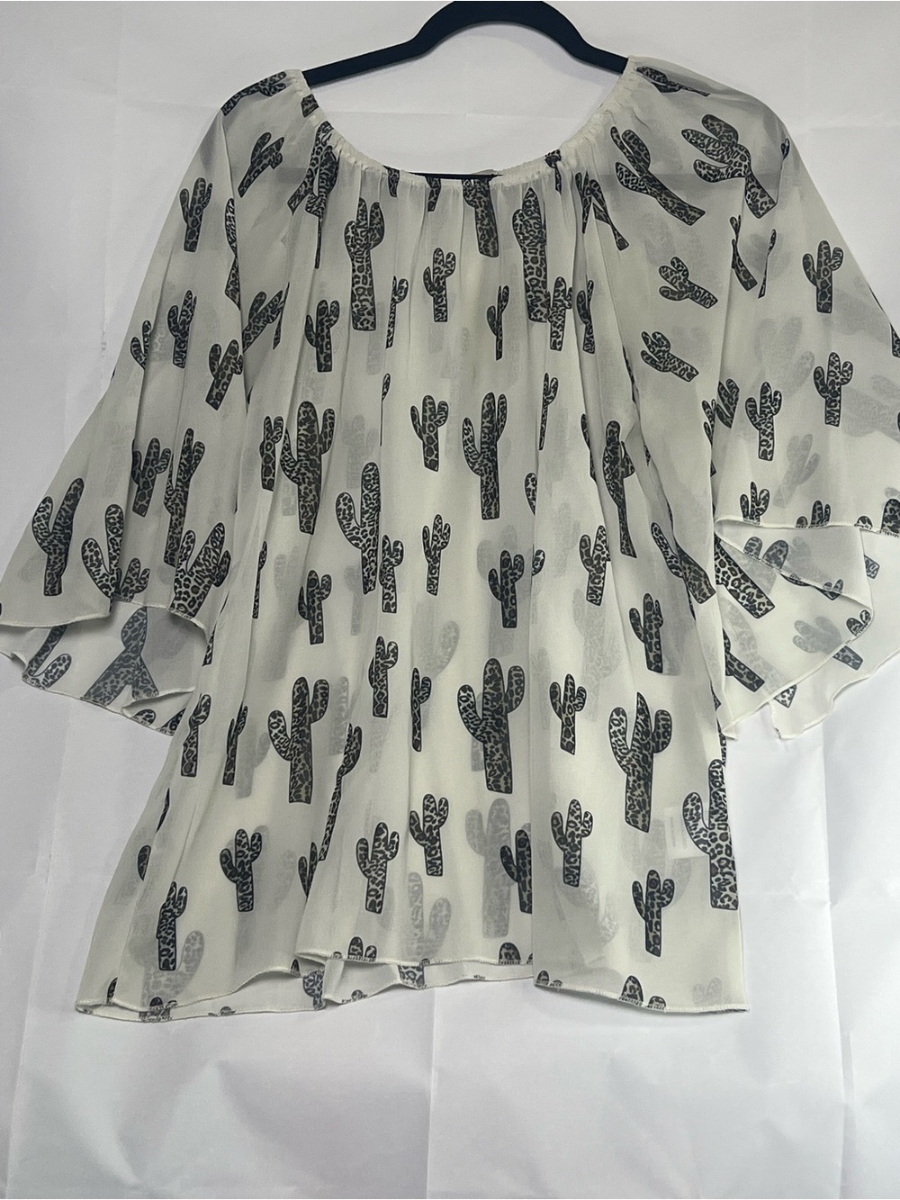 Cowgirl Hardware Leopard Cactus Print Sheer Peasant Blouse Top Size L Boho Chic